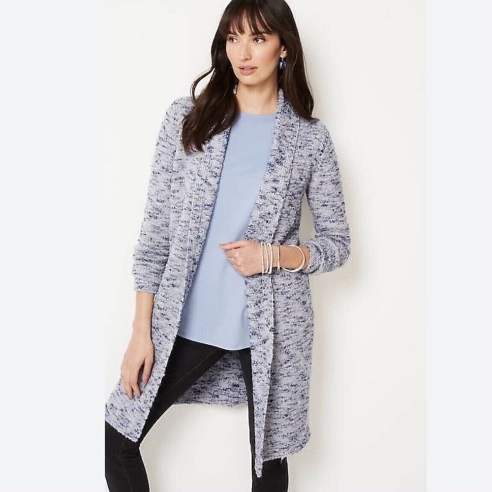 Pure Jill Melange Space-Dyed Blue Long Open Cardigan Wool Mix‎